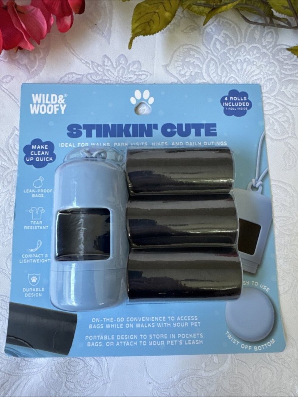 Wild & Woofy Stinkin' Cute Blue Puppy Dog Poop Bag Holder with Bags Included NEW